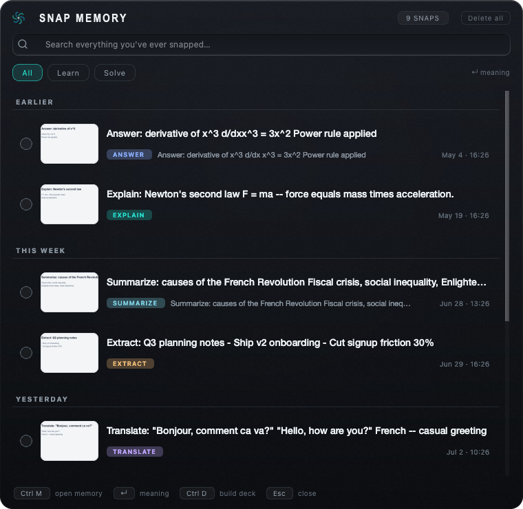 Snap Memory — a searchable list of past snaps across many topics, saved locally on your machine